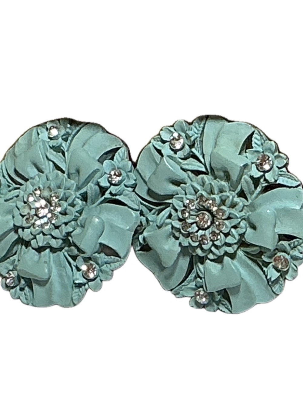Vintage Featherweights 2.5" Turquoise Floral Rhinestone Clip-On Earrings - Picture 9 of 14